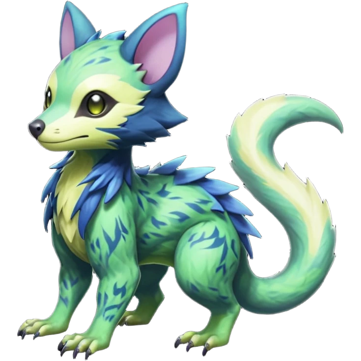 Realistic Sharp swampy mossy elemental ivy detailed Colorful translucent luminescent glowing Trico-Noibat-batty-Sergal-Furret-Ferret-Wolverine-Vernid-furry-fursona-fusion-Fakemon-animal-hybrid-creature, full body emoji