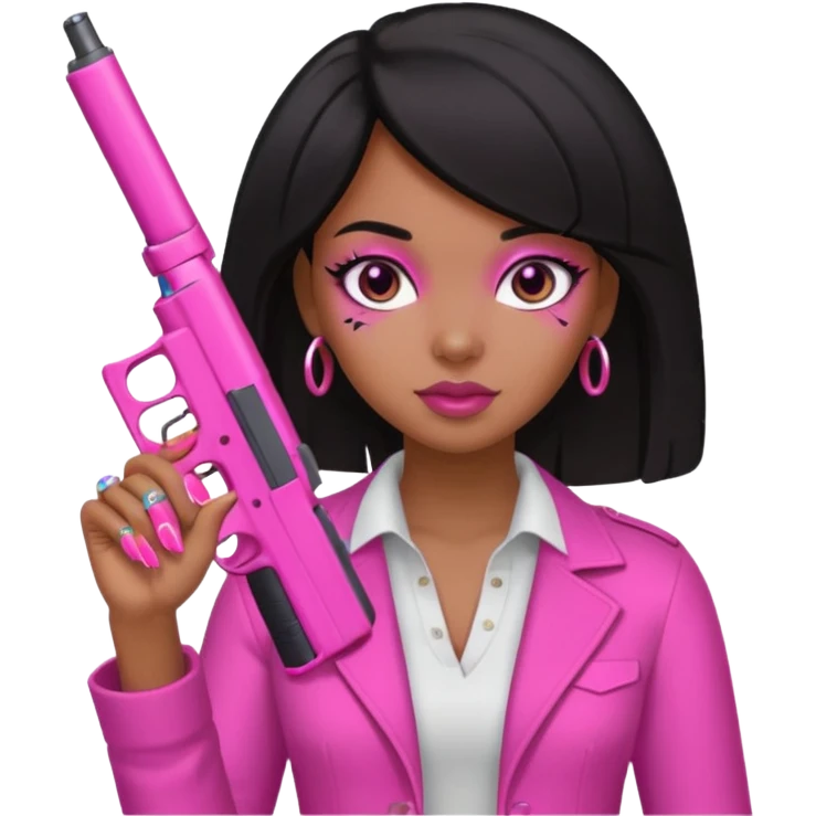 Black Girl hand pink nails holding pink gun with black eyes emoji