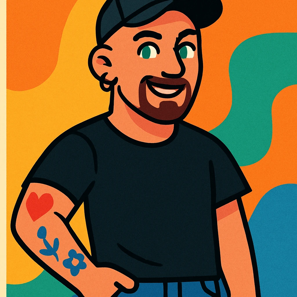 a man with a shaved head, goatee, pierced ear, and green eyes, wearing a black baseball cap, black shirt, jeans, and tattoos on one arm, in a vibrant cartoon style emoji