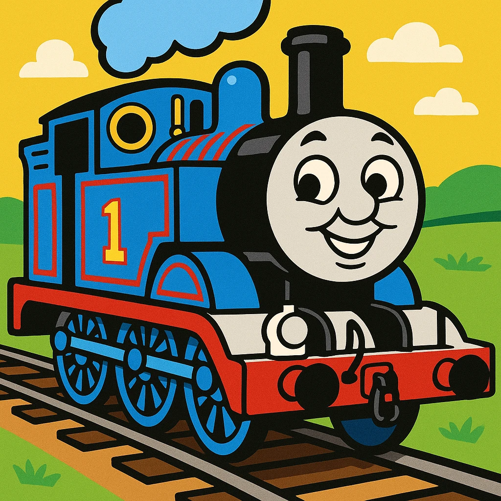 Thomas the Tank Engine, cheerful, blue train, cartoon style emoji