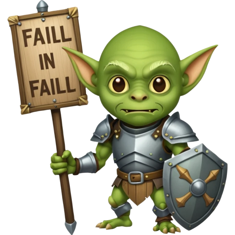 A glgreen colored goblin clad in armor holding a wooden sign that reads "Fail". emoji