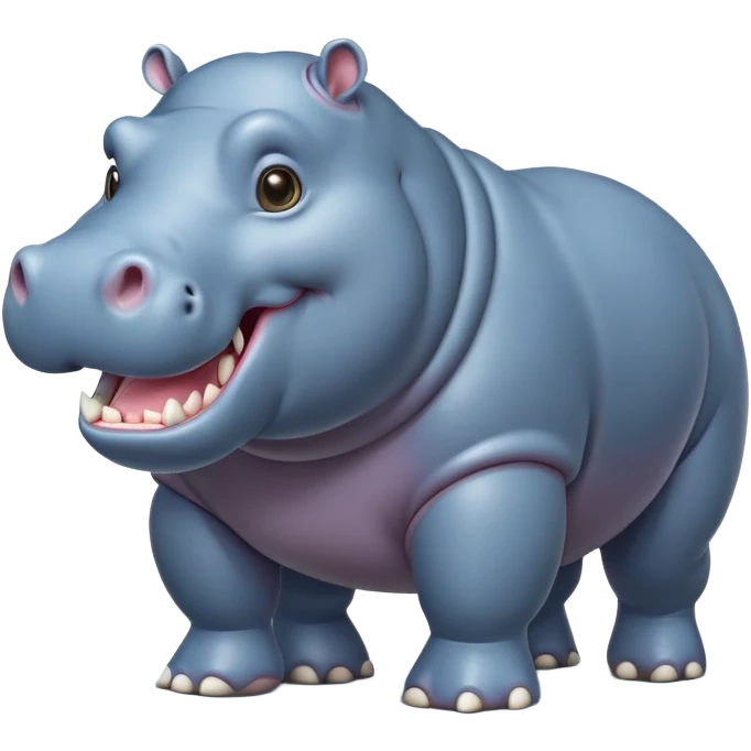 cinematic-hippo-realistic-full-body-side-view-standing-on-all-fours-emoji,-massive-round-frame,-wide-mouthed-grin-exposing-huge-teeth,-head-tilted-dramatically,-thick-greyish blue-hide-glossy, big cute eyes emoji