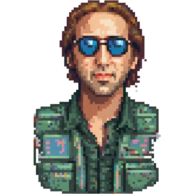 Nicholas Cage wearing sunglasses, pixelated, retro video game vibe emoji
