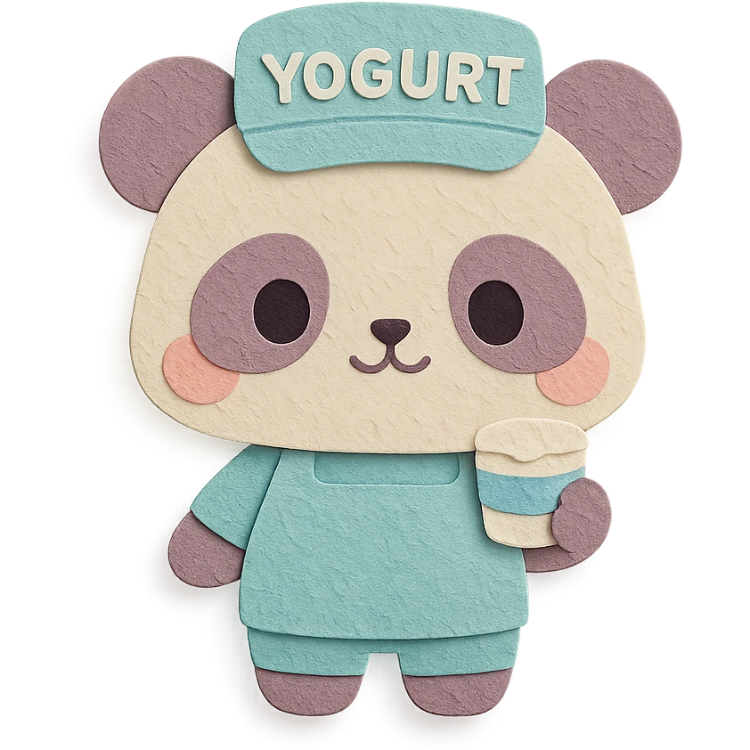 chibi yogurt maker panda holding a tiny yogurt cup in its paw, pastel tones, full-body emoji