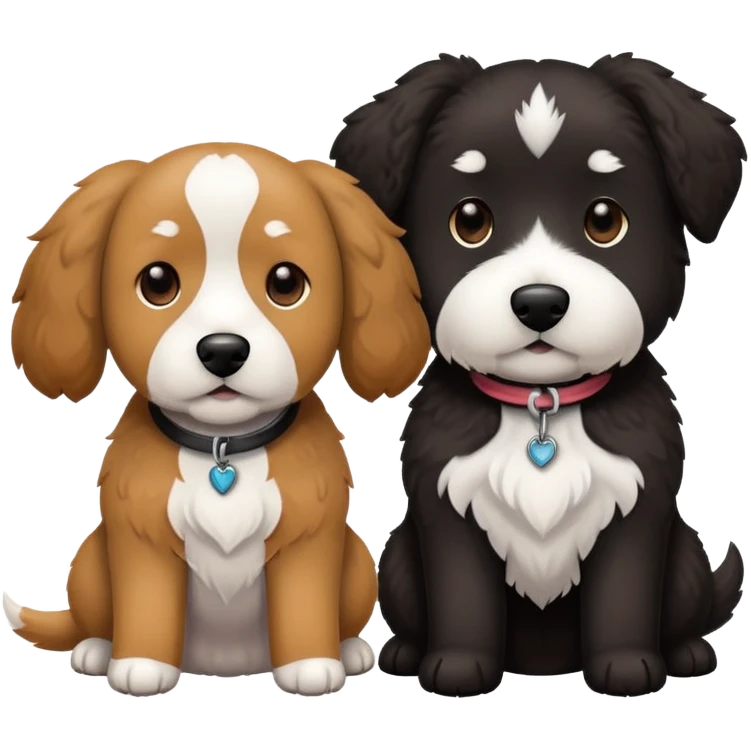 2 dogs: one light brown  doodle, one doodle all black with white eyebrows some white markings, no brown coloring. Both same size. emoji