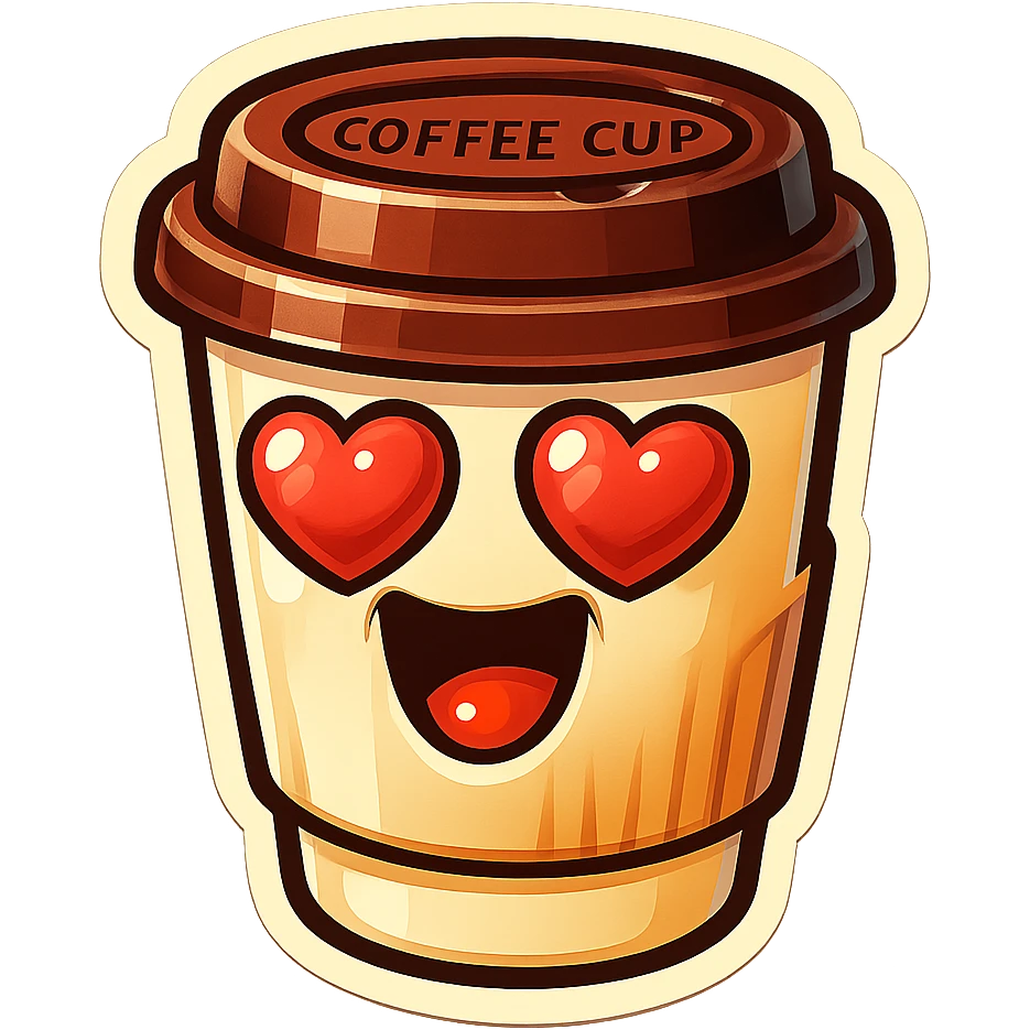 coffee cup creature, big heart eyes, big smile emoji