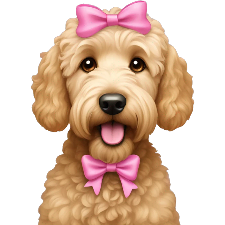 Goldendoodle with pink bow by its ear emoji