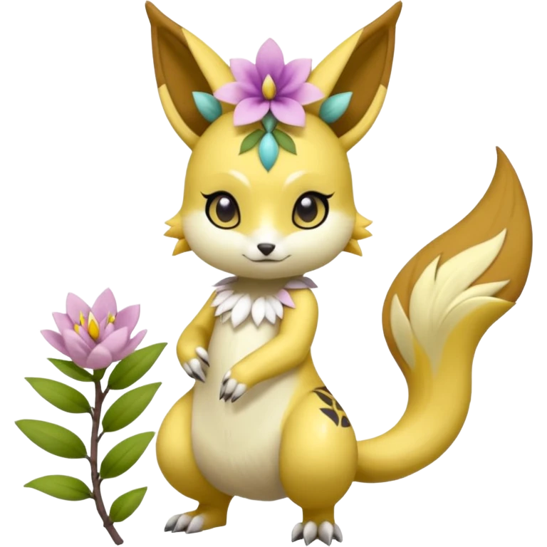 Cute Romantic Realistic  Floral Meloetta-Renamon-Digimon-Pokémon-Fakémon-hybrid-fusion, full body emoji