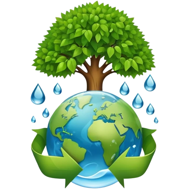 An icon featuring a tree, a recycling symbol, and a globe, representing ecology. The design includes green leaves, a water droplet, and wildlife, symbolizing the study of ecosystems, sustainability, and environmental protection. Transparent background. emoji
