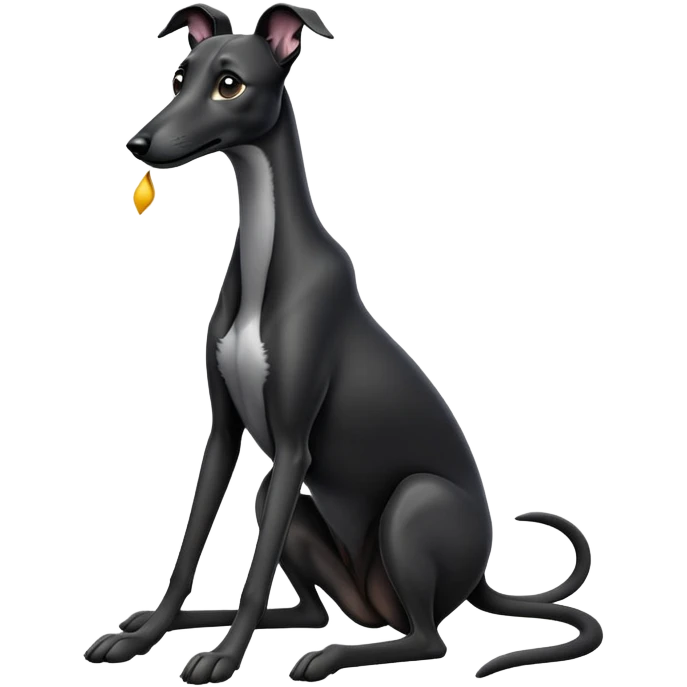 cinematic-[black greyhound]-realistic-full-body-sitting-emoji,-tail-resting-loosely-beside-its-paws,-head-tilted-dramatically, ears drooped, -sleek-[black]-fur,-simplified-yet-realistic-focused-features,-highly-detailed,-glowing-with-an-almost-sarcastic-glow emoji