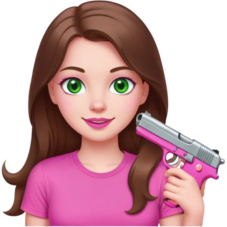 mid sized white skinned girl with green eyes and long brown hair holding a pink pistol smiling in a pink t-shirt with pink lips emoji