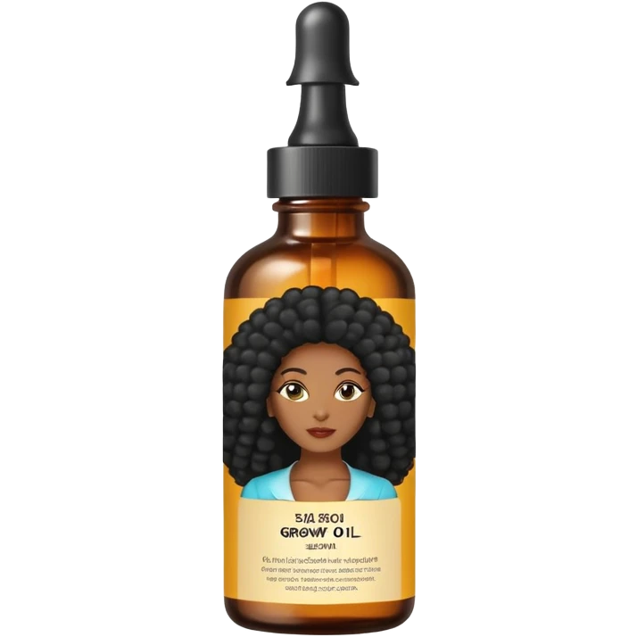 Hair growth oil serum bottle. Label has a black woman with long afro hair. emoji
