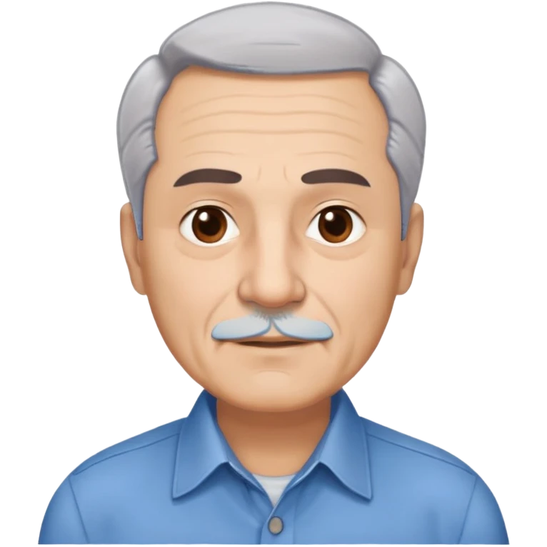 Older Hispanic man in his 60s with light skin, round face, wide jaw, broad cheekbones. Expressive dark brown eyes, thick eyebrows. Short gray/white hair with receding hairline. Well-shaved. Friendly expression. Wearing a button-down shirt in blue. emoji