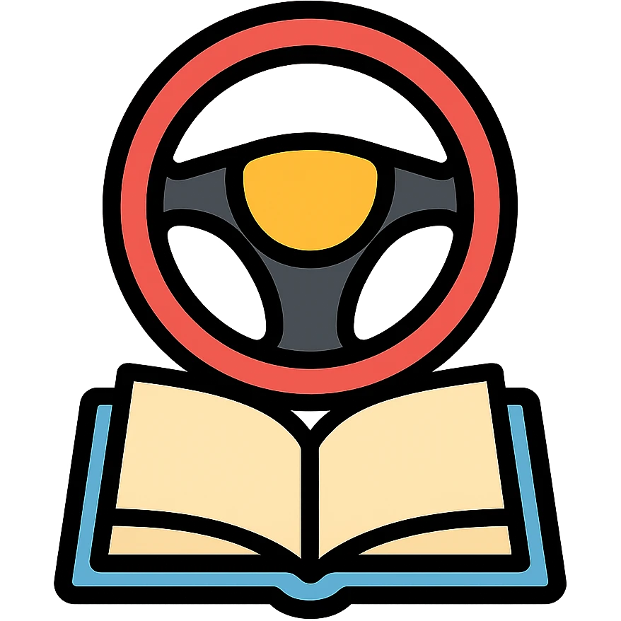 Fahrschule symbol, steering wheel and book, clean, minimal emoji