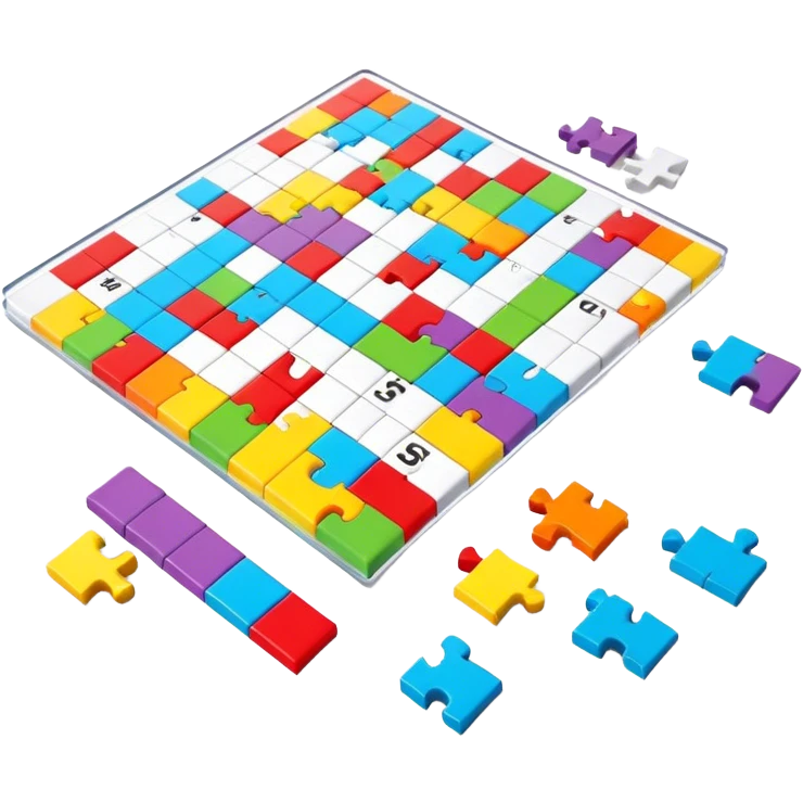 A photorealistic icon with a colorful, fragmented crossword magazine, a 3D puzzle, and a partially completed puzzle on a table. Bright, detailed design with realistic lighting. Transparent background, clearly symbolizing puzzles and brain games. emoji