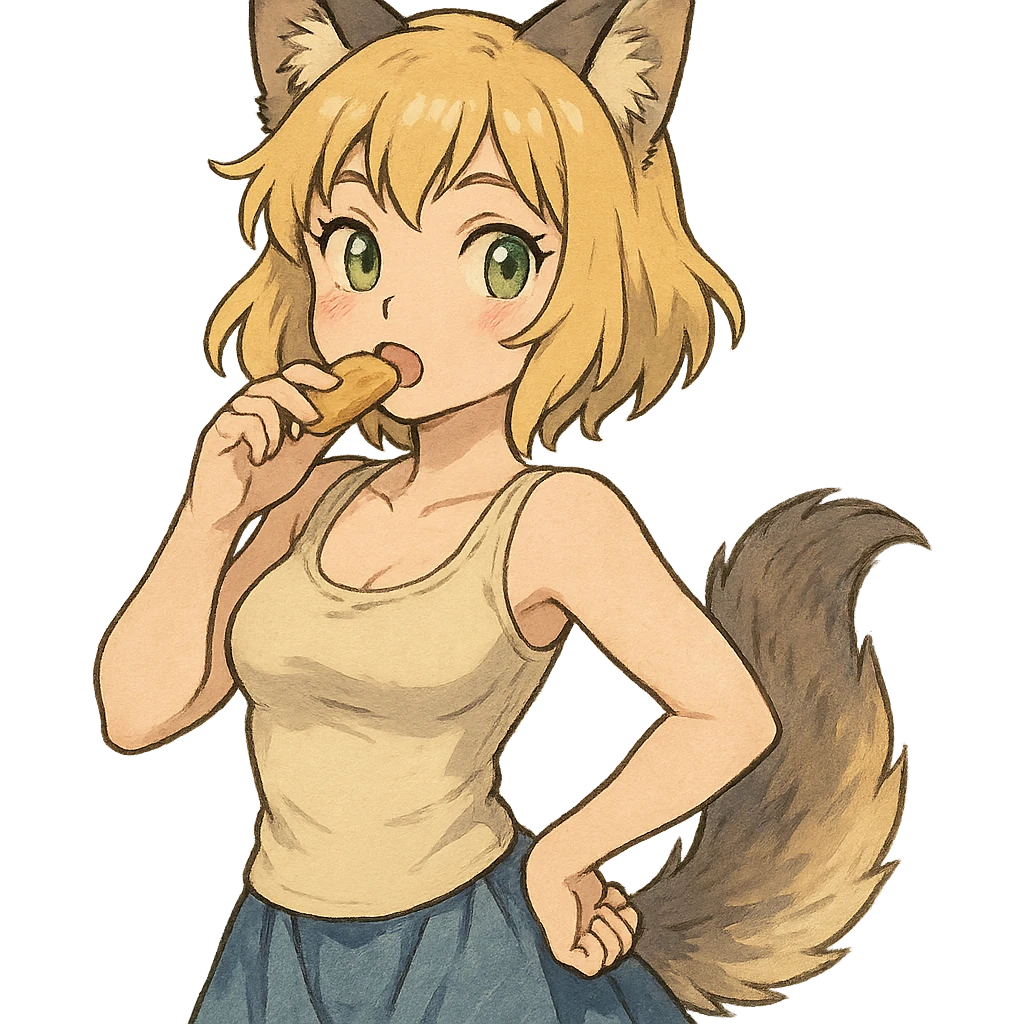 anime style furry girl with wolf ears and tail, short blonde hair, green eyes, hourglass body, eating a snack, cute pose, ghibli style emoji