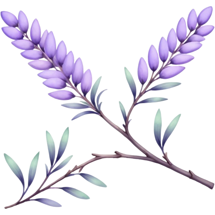 The art style is clean line art with delicate watercolor textures, pastel colors, and a dominant palette of lavender, soft lilac, and muted purple. Let the branch be more elongated and one emoji
