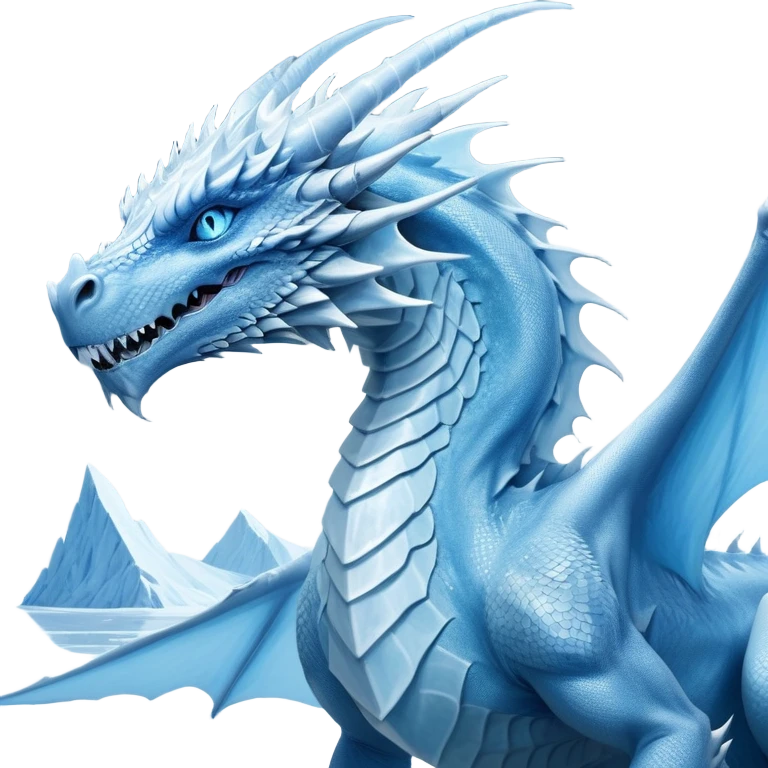 Cinematic Noble wise elegant Ice Dragon Portrait Emoji, Poised and imposing, distinct long elegant snout, with a slender, scaled body shimmering in glacial hues of icy blue, frostbitten silver, and crystalline white, breathing out frost, with piercing, glowing ice blue white eyes that radiate the chilling depths of an arctic storm; rendered in detail. Breathing out a frost mist emoji
