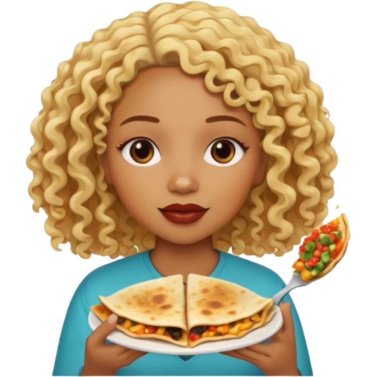 mujer con pelo rubio rizado comiendo quesadillas quemadas.negraa emoji
