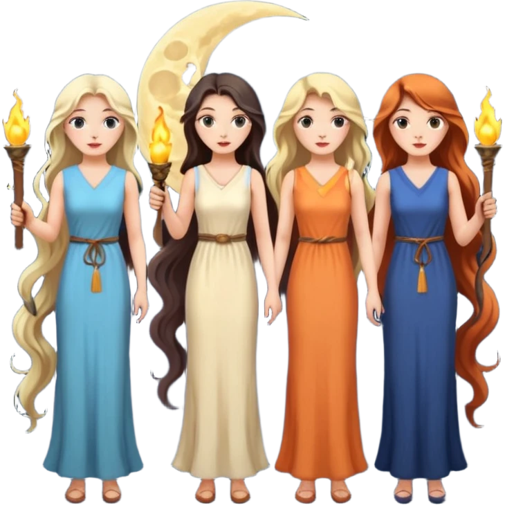 Three women with two torches and a moon emoji