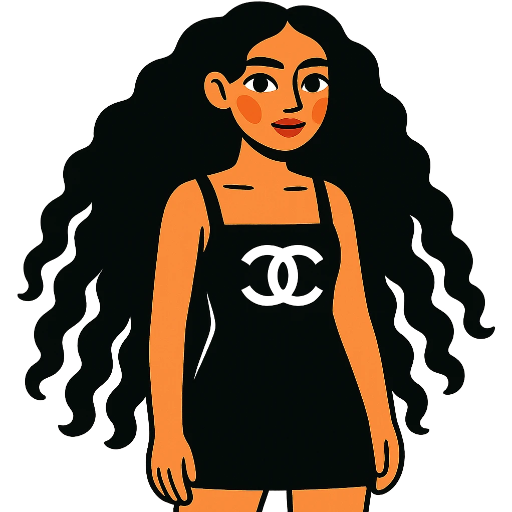 light skin girl with very long black curly hair, brown eyes, black Chanel dress emoji
