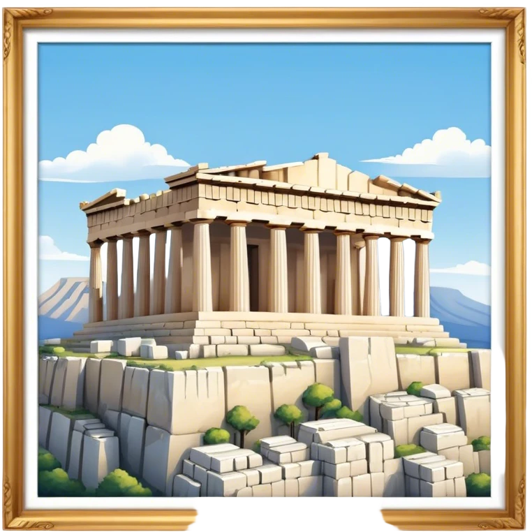 Cinematic Realistic Acropolis Landmark Emoji, showing the Parthenon standing proudly atop the Acropolis hill, with its marble columns glowing under the warm Athenian sunlight against a blue sky. emoji