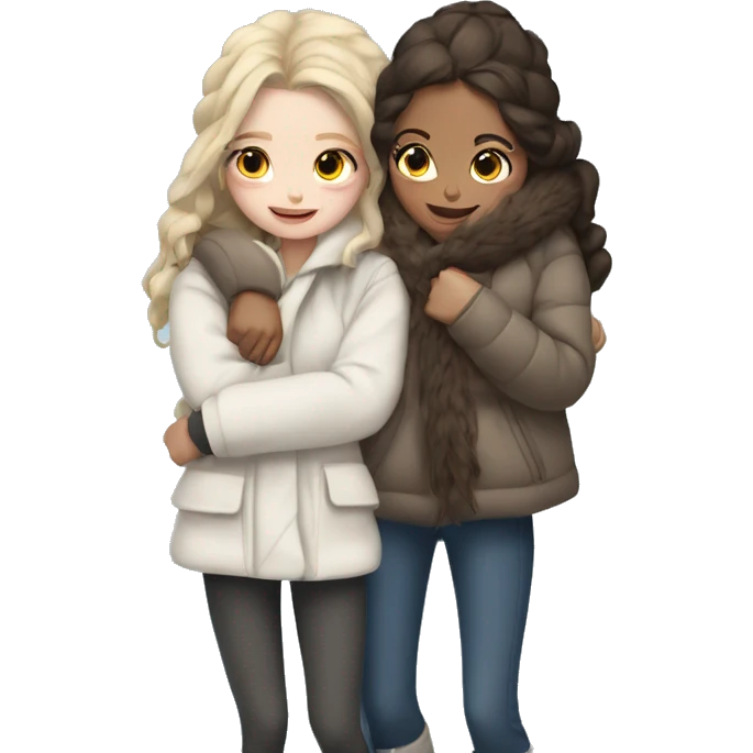Three girls hugging - all with pale skin, two with dark blonde hair and one with dark brown hair. Girls are in white oversized winter jackets and standing full length. emoji
