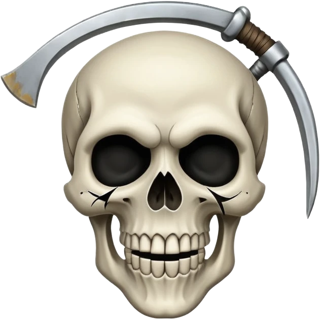 A laughing skull with a scythe crossed behind it, one eye socket winking. Clean, stylized lines, flat vector. Medieval woodcut style. Black and white with one accent color (tarnished silver). No background. emoji