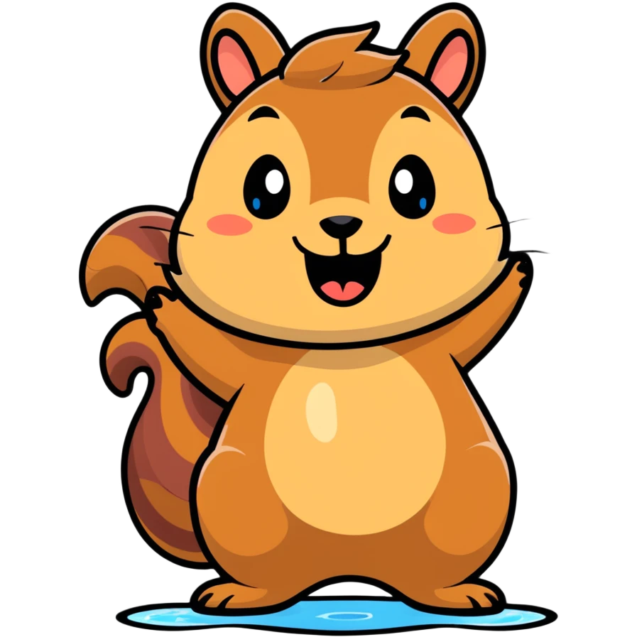 Cartoon squirrel with light brown fur, pointy ears, bushy tail, chubby cheeks with a large puddle of drool dripping from wide open mouth, extremely hungry emoji