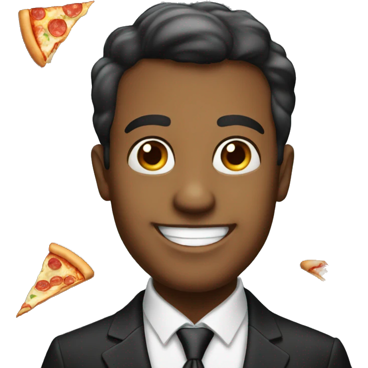 smiling man in formal wear eating pizza emoji