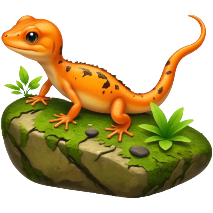 A small orange-brown newt on a mossy rock near a pond. Realistic lighting, visible tail, green plants and soft sunlight, detailed wildlife photo. emoji