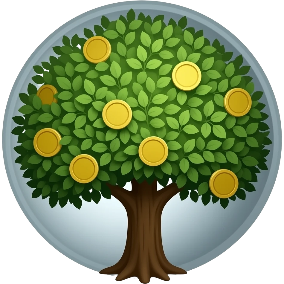 Glossy 2D tree emoji, green leaves, gold coins inside, dark background, simple shapes. emoji