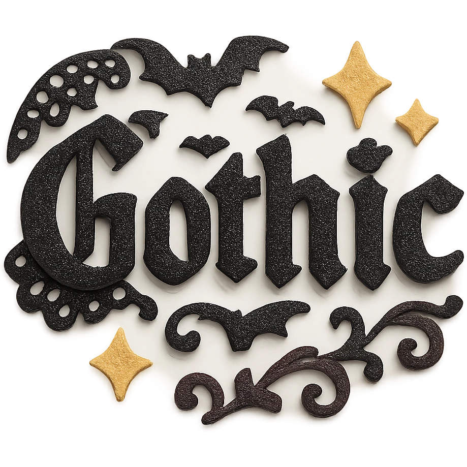 Add gothic motifs such as black lace, tiny bats, and ornate flourishes around the sparkling black text, keep the 3D paper-craft effect, kawaii style, no outline, transparent background. emoji