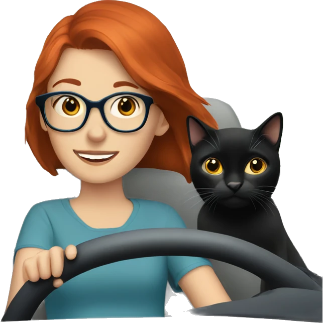 Redhead girl glasses driving blue with two black cats  emoji