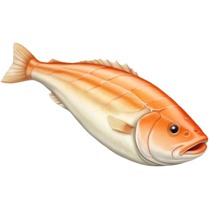 raw cod fillet, white to pale ivory, moist, flaky, curved, muscle grain lines, tapered end, fresh, soft lighting, subtle shadows, no plate, no garnish, no faces, transparent background, emoji scale emoji