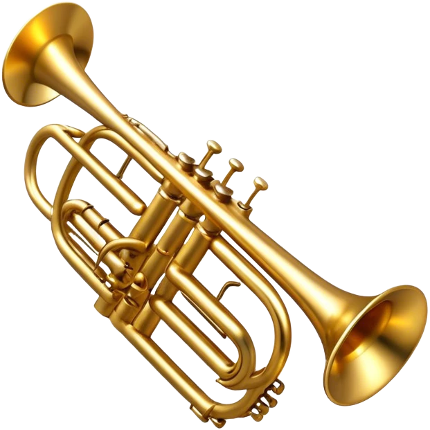 Cinematic Realistic Trumpet, rich golden brass with subtle tarnish marks, soft highlights emphasizing the intricate details, warm reflections of stage lighting bouncing off the metal, glowing with bold and triumphant energy. emoji