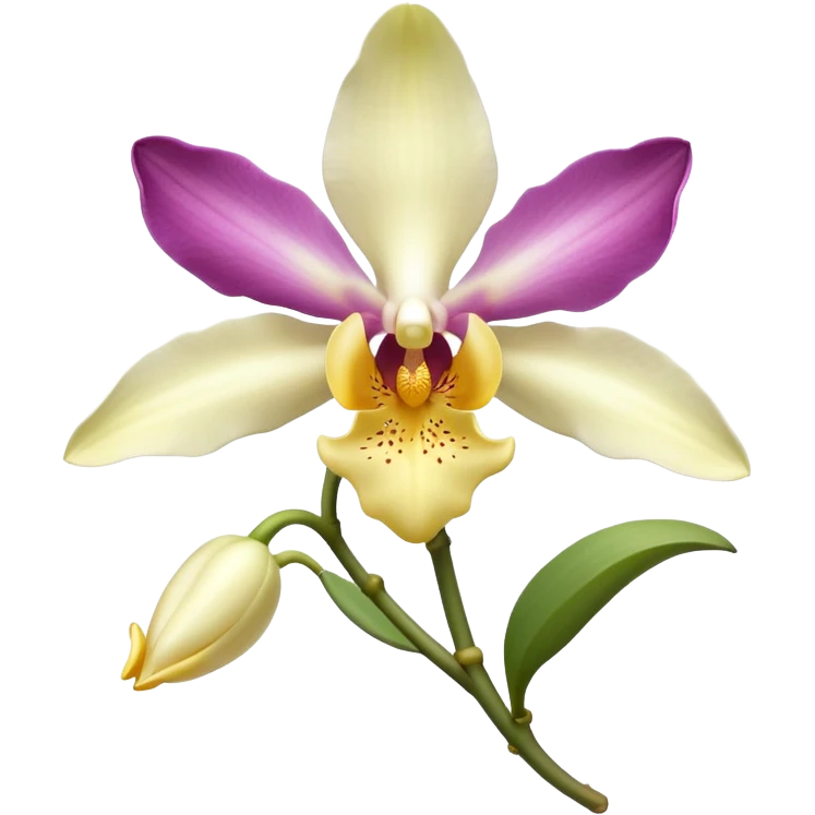 vanilla flower, delicate orchid, full bloom, pale yellow to creamy white petals, trumpet-shaped center, gentle curvature, fine petal texture, optional green stem or vanilla pod, no background, no leaves, no decorative elements, no faces, clean 3D, soft shadows, transparent background, emoji scale emoji