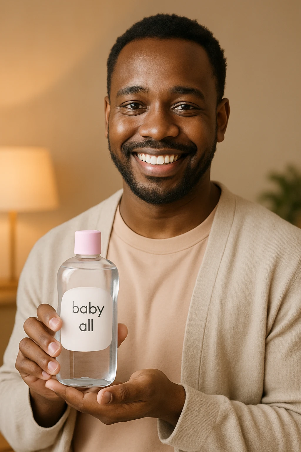 A Black man presenting baby oil, casual clothing, soft colors, inviting atmosphere emoji