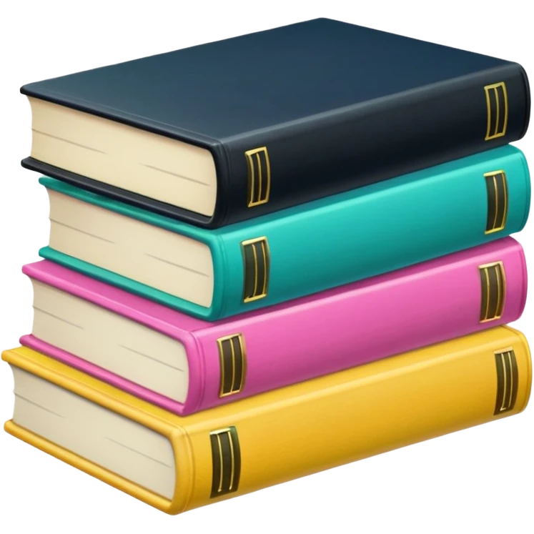 a satck of books: two pink, one green, one yellow, two blues, one black emoji