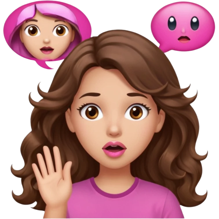 girl with long wavy brown hair, brown eyes, light to medium complexion, in a pink shirt, pink lips, long lashes, surprised, wow speech bubble emoji