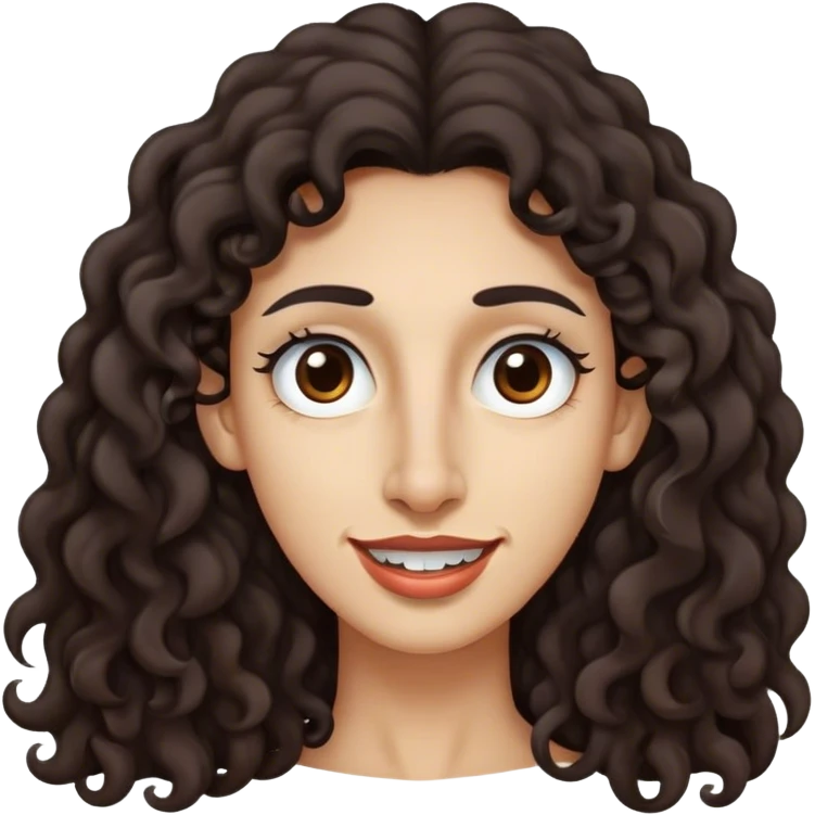 Long dark brown curly hair, long nose, long chin, long face, thin small dark brown eyes, dark far away eyebrows, light medium skin tone, small lips, big teeth emoji