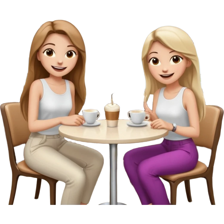 "Cartoon emoji of a girl with long, straight light brown hair, fair skin, brown eyes. Wearing a stylish white top and chic pants. Sitting at a café table, laughing and smiling, full of joy. Next to her, two friends: one blonde, one with black hair, one with brown hair. Smooth, simple, stylized emoji