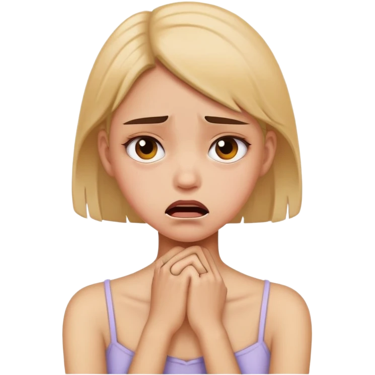girl holding neck with sad mad expression emoji