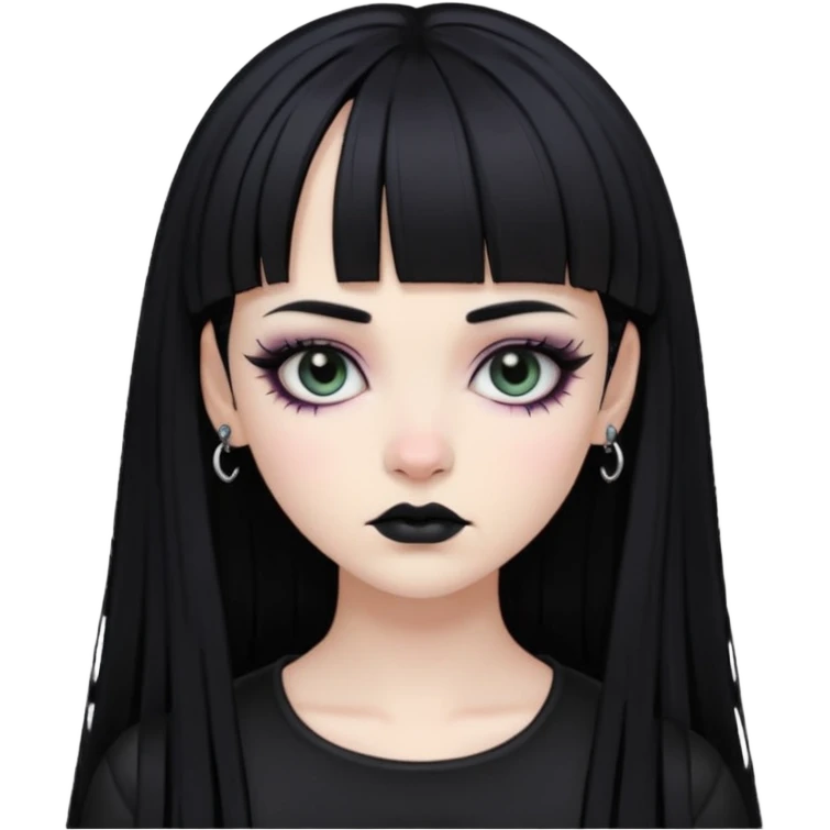 Faça uma moça de cabelo preto e micro franja pálida e com maquiagem gótica emoji