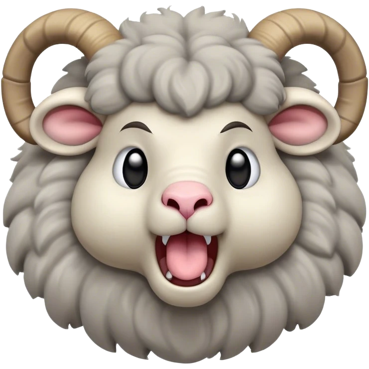 Cinematic Cute Yawning Ram Portrait Emoji, Head tilted slightly with a dramatic, wide-open yawn, showcasing a soft, woolly grey fur with gently drooping horns and ears, round dark eyes barely open in drowsy contentment, Simplified yet irresistibly adorable features, highly detailed, glowing with a soft, cozy glow, high shine, relaxed yet expressive, stylized with a touch of rugged whimsy, bright and endearing, soft glowing outline, capturing the essence of a sleepy yet affectionate ram, so drowsy it feels like it could stretch out of the screen and curl up for a nap! emoji