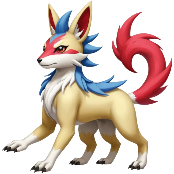 Colorful Skilled Adept Graceful Asian Painted WereGarurumon-Linoone-Meloetta-Renamon-Zangoose-fusion-hybrid-creature (full body) emoji