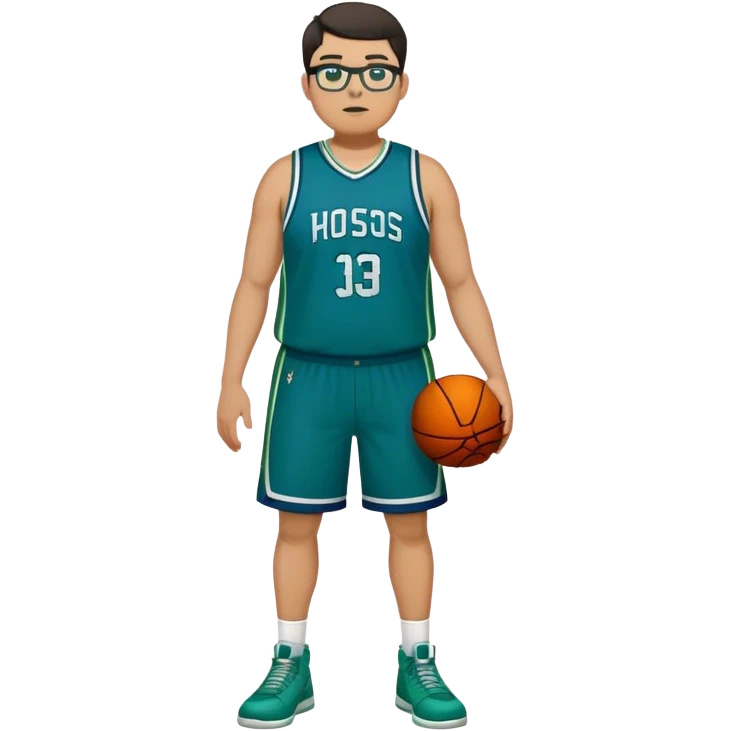 Full Body tall plus size white male with dark short hair basketball player wearing glasses wearing blue green uniform emoji