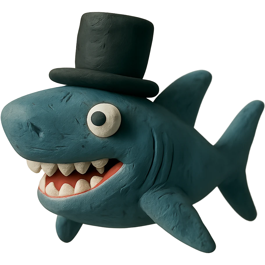 claymation style shark wearing a top hat emoji