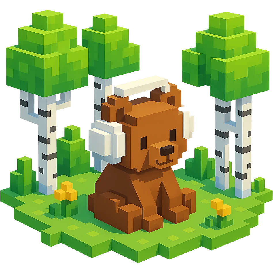 березовый лес, в котором сидит бурый медвежонок в белых наушниках (наушники должны закрывать уши медведя), no background  emoji