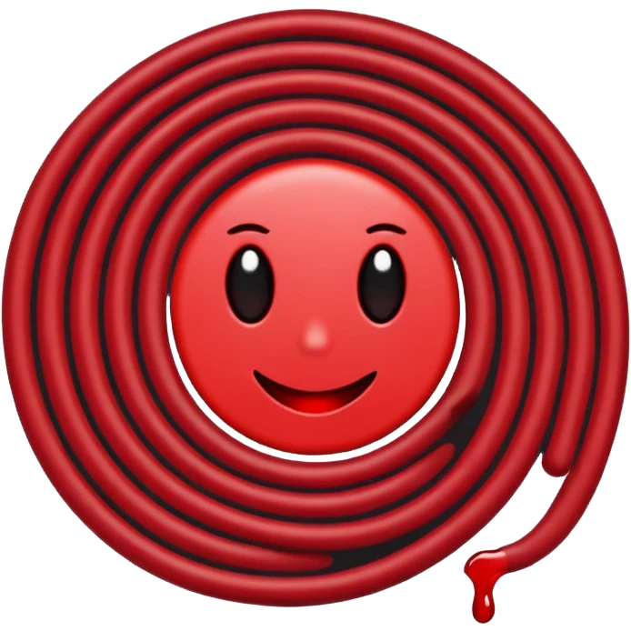 Minimalist emoji-style sticker of a coiled red carpet with drops of blood on the floor around it. Flat design, black and desaturated red tones, no perspective, bold lines. emoji